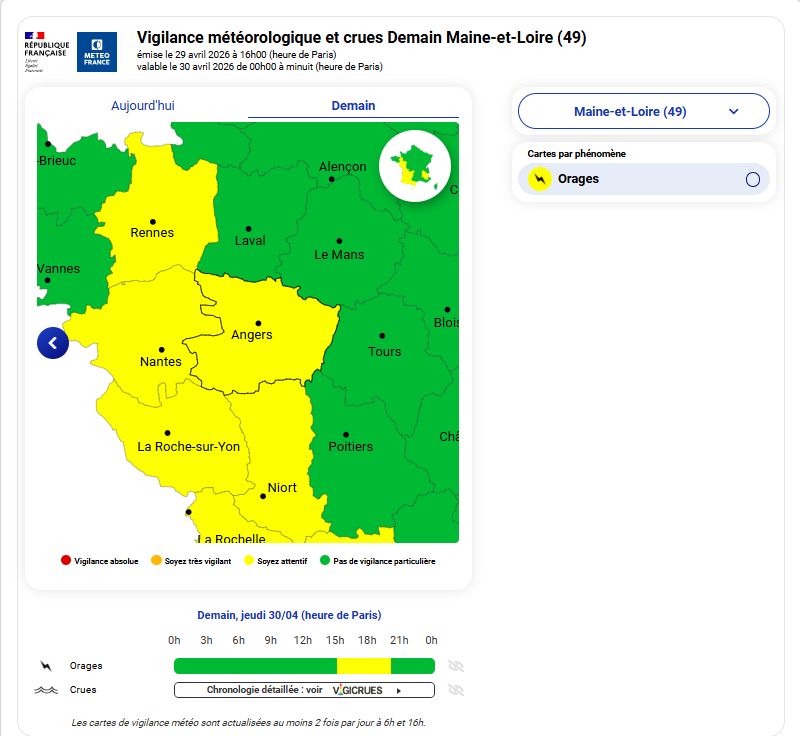 Le Maine-et-Loire est placé en vigilance jaune pour orages ce jeudi 30 avril, entre 15h et 20h, selon Météo-France, comme 24 autres départements de l’Hexagone.