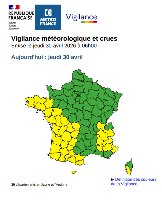 Carte de vigilance météo actualisée indiquant une vigilance jaune pour orages prolongée jusqu’à 22h en Maine-et-Loire. | Météo France
