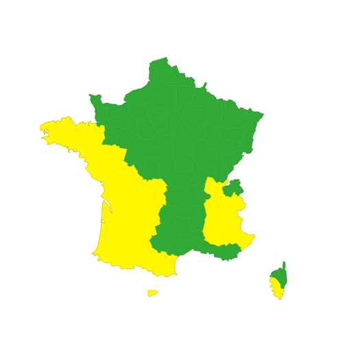 Carte de vigilance météo actualisée indiquant une vigilance jaune pour orages prolongée jusqu’à 22h en Maine-et-Loire. | Météo France