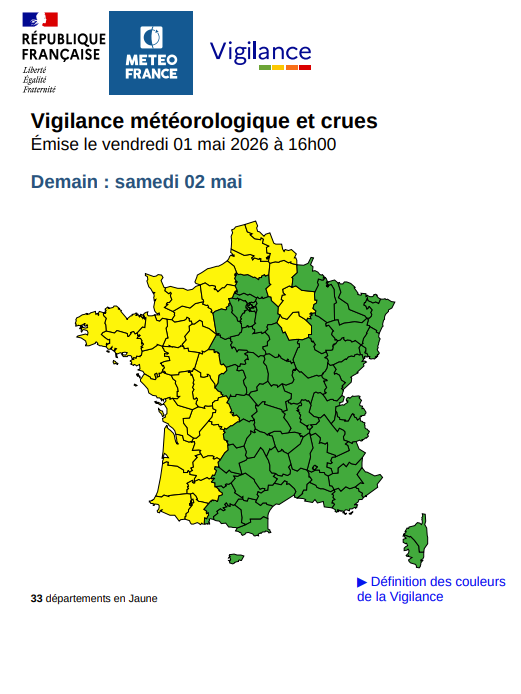 Carte de vigilance météo annonçant une alerte jaune pour orages ce samedi 2 mai en Maine-et-Loire. | Météo-France