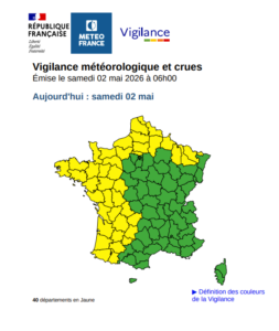 Carte de vigilance météo montrant les départements concernés par les orages samedi 2 mai. | La Voix Lyssoise - KÉVIN NICOULEAUD