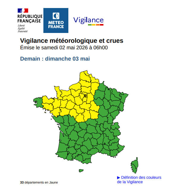 Carte de vigilance météo montrant les départements concernés par les orages dimanche 3 mai. | La Voix Lyssoise - KÉVIN NICOULEAUD