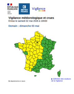 Carte de vigilance météo actualisée indiquant 51 départements concernés par un risque d’orages ce dimanche. | Météo France
