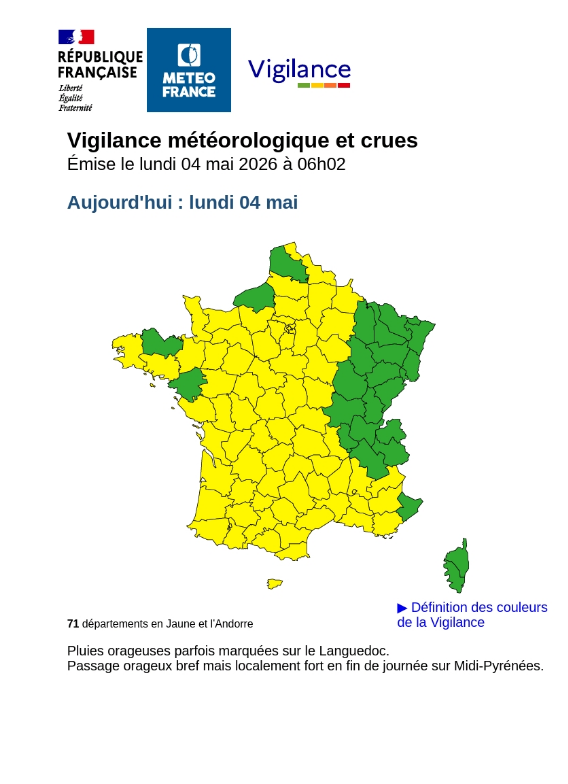 Carte de vigilance météo montrant les départements concernés par les orages lundi 4 mai. | Météo France