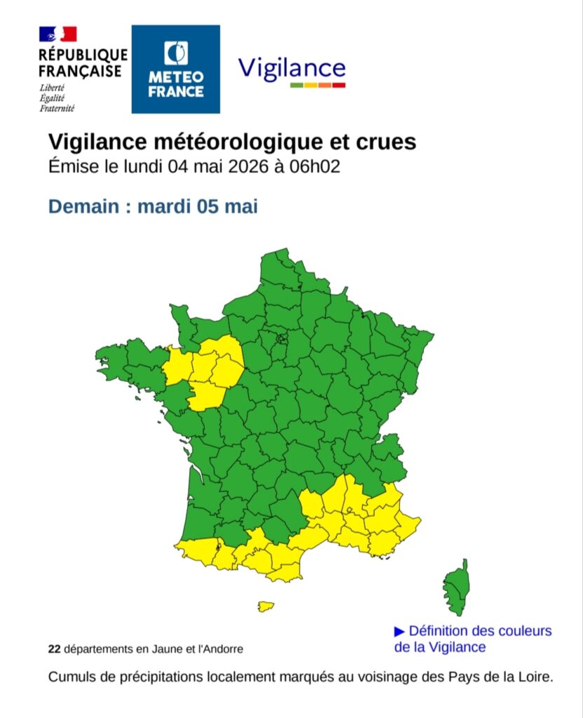 Carte de vigilance météo actualisée indiquant 22 départements concernés par un risque d’orages ce demain mardi 5 mai. Le maine et loire est concerné pour la période entre minuit et 18h | Météo France