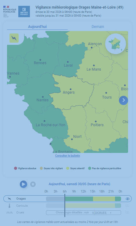 Des orages sont attendus sur le Maine-et-Loire ce samedi après-midi après plusieurs jours de fortes chaleurs. | Vigilance.meteofrance.fr