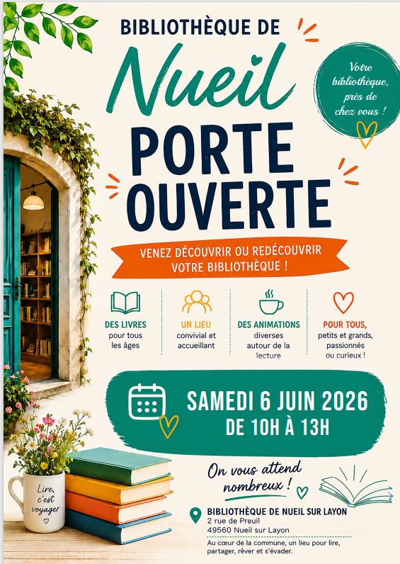 Affiche de la bibliothèque de Nueil-sur-Layon qui prépare une matinée portes ouvertes pour célébrer la première année d’ouverture du lieu samedi 6 juin de 10h à 13h. | La Voix Lyssoise - KÉVIN NICOULEAUD
